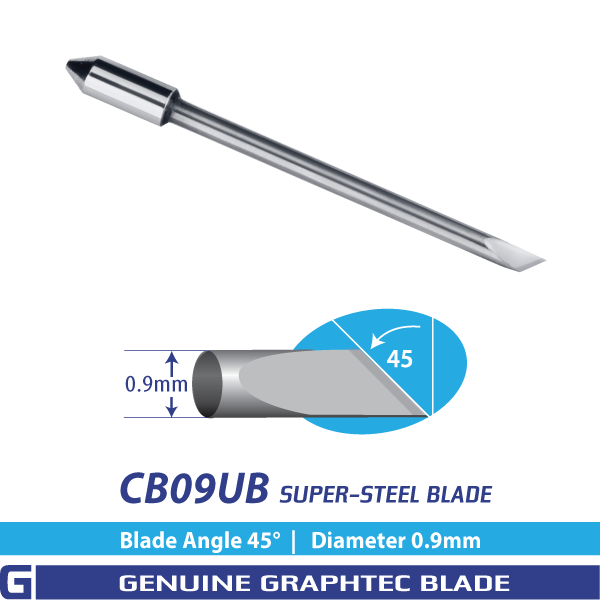 Genuine Graphtec CB09UB 45° (US), 0.9 mm blade — representative single-blade manufacturer image. This package includes 4 blades in 2 original two-packs; packaging is not shown.