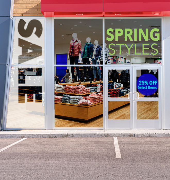 WindowVIEW family illustration of a retail storefront with SALE, SPRING STYLES and discount graphics; exact product not identified.