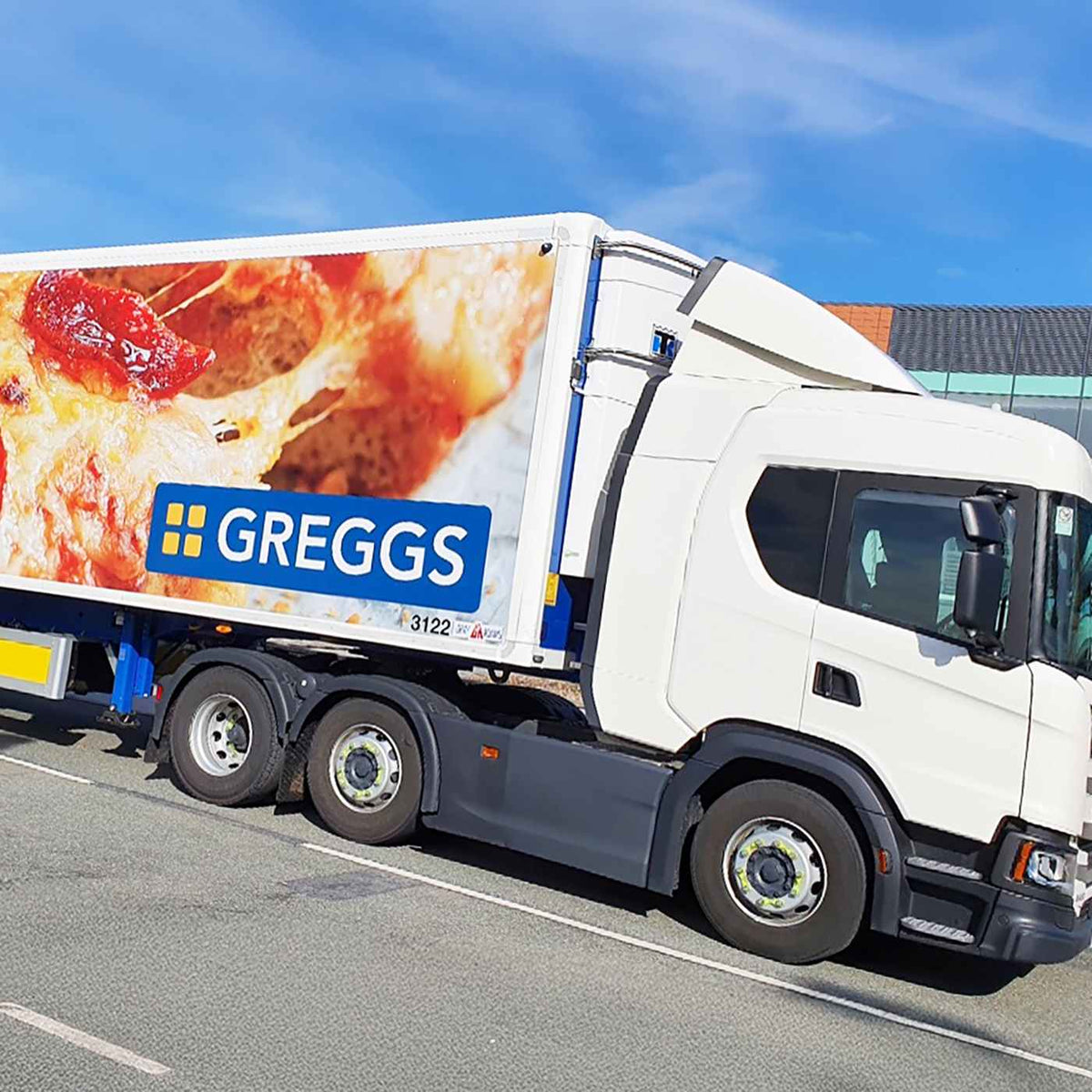 Greggs box truck with a large printed food graphic on its side panel, from the Metamark MD5-B gallery.