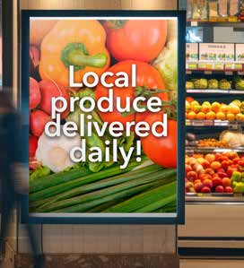 Produce poster reading "Local produce delivered daily"; representative Colorgard LUV application, not an exact finish or roll size.