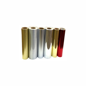 Assorted metallic-finish vinyl rolls; representative VinylEfx family image, not all listed colors or exact roll sizes.