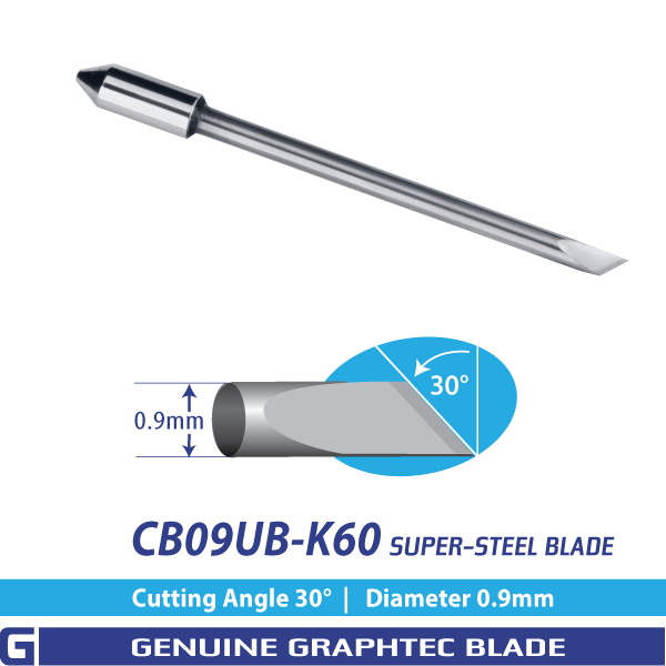 Genuine Graphtec CB09UB-K60 30° (US), 0.9 mm blade — representative single-blade manufacturer image. This package includes 4 blades in 2 original two-packs; packaging is not shown.