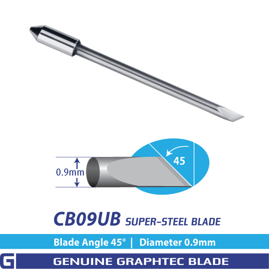 Single Graphtec CB09UB blade shown; supplied as 6 blades in three original 2-blade packs.