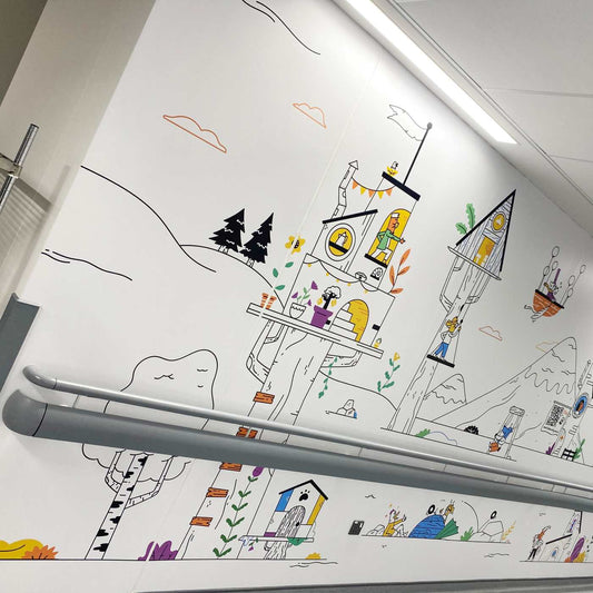 Illustrated interior wall graphics behind a handrail, from the Metamark MD5-H gallery.