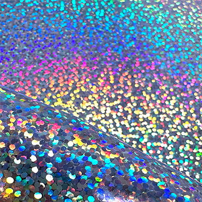 FDC 3400 holographic film swatch showing a multicolor sparkle pattern.