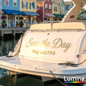 Boat stern with "Seas the Day" lettering; representative vinyl application, not an exact roll-size or color sample.