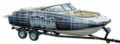 Manufacturer application example showing a boat with printed wrap graphics.