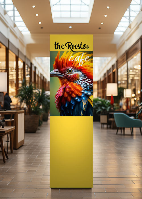 The Rooster cafe promotional display with a colorful rooster; representative GRUV application, not an exact SKU, finish or roll size.