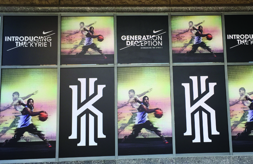 Kyrie Irving campaign graphics across windows; RB599R application with LUV matte overlaminate, not bare clear film or the supplied roll.