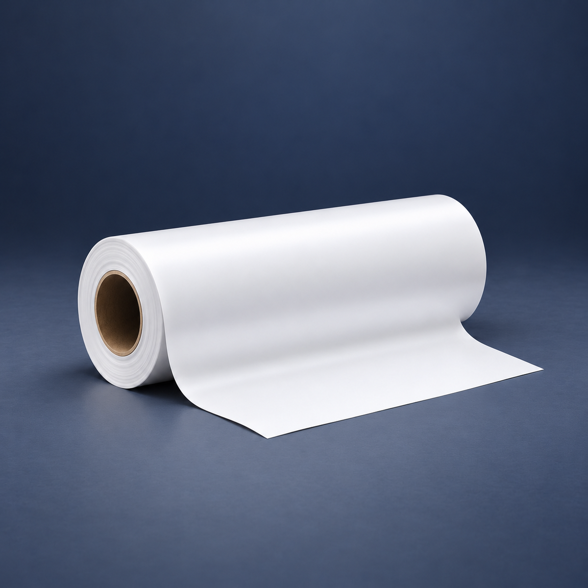 Representative unbranded white adhesive-film roll illustration; not an actual product photograph or a depiction of exact manufacturer packaging, dimensions, color or punched format.